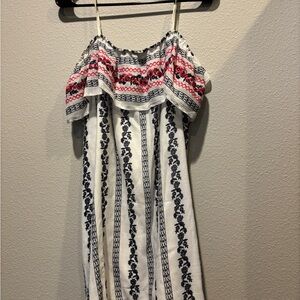 Off-Shoulder Dress with Red and Blue Patterns